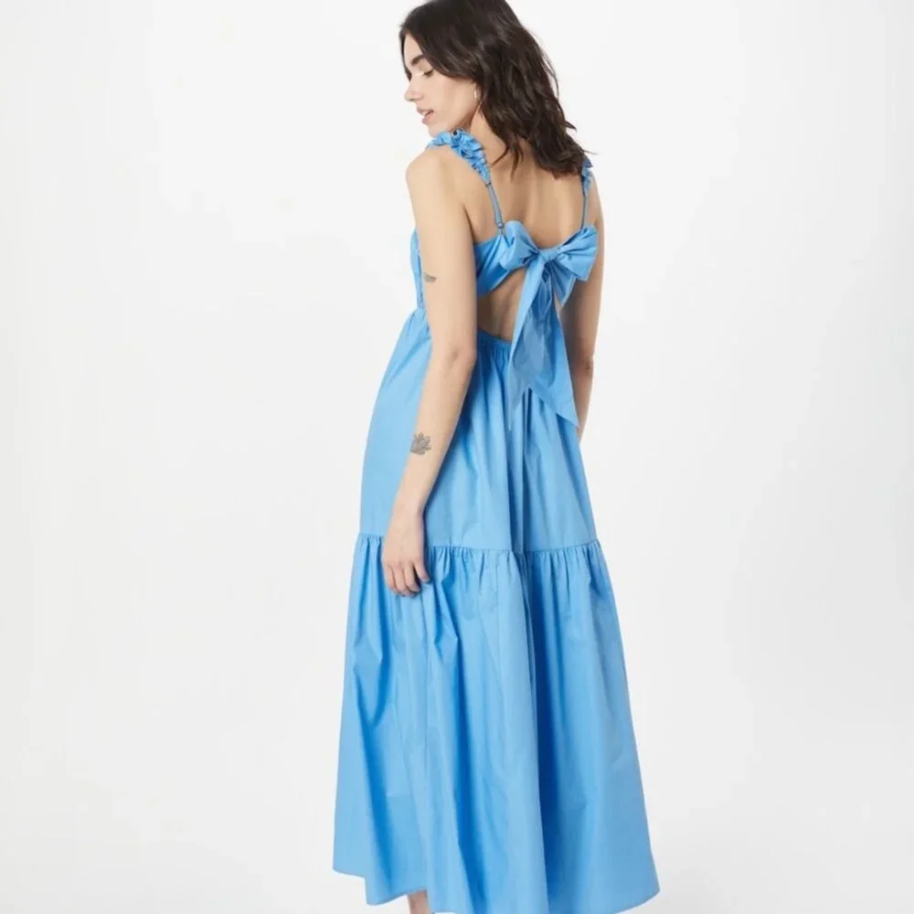 Abercrombie & Fitch Tiered Open Back Poplin Blue Coastal Maxi Dress Size XSP